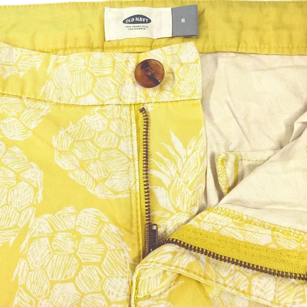 Old Navy Everyday Shorts Pineapple Print Yellow White Womens Size 8 Coastal